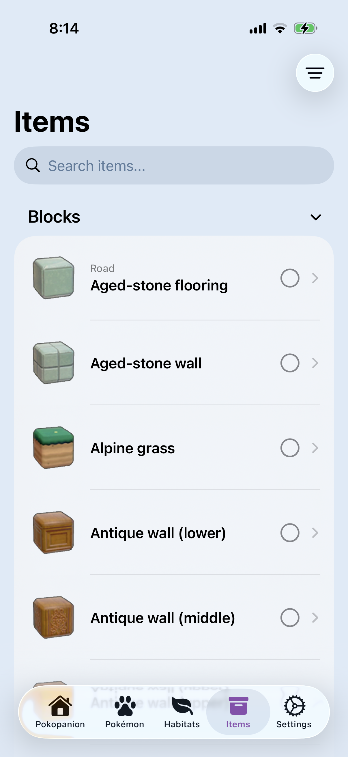 Items and crafting screenshot